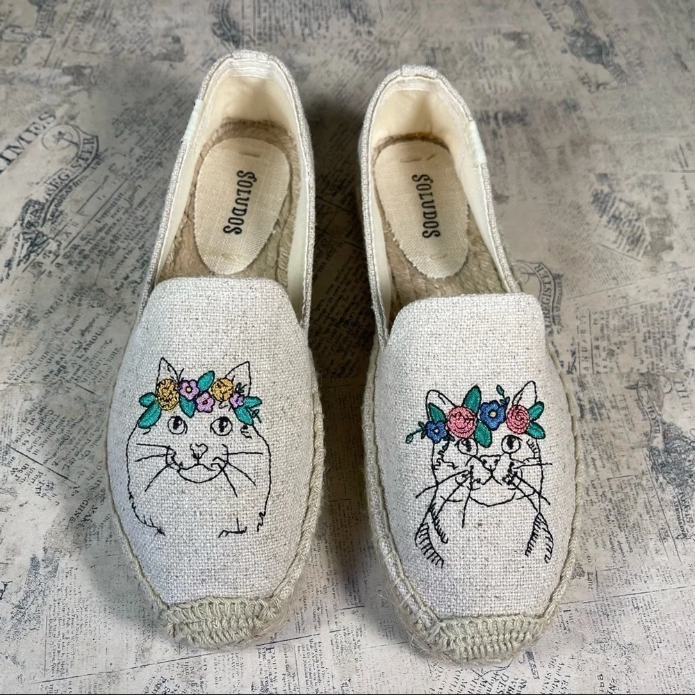 Soludos Cat Embroidered Espadrille Flats Canvas Jute Sole Summer Shoes